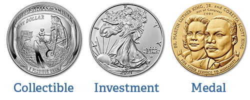 examples of a collectible coin, investment coin, and a medal
